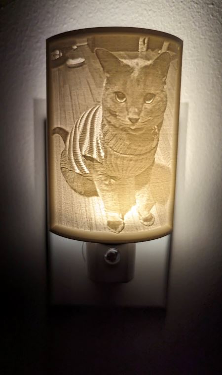 A lit Magic Memory Nightlight. On it is a cat wearing a sweater.